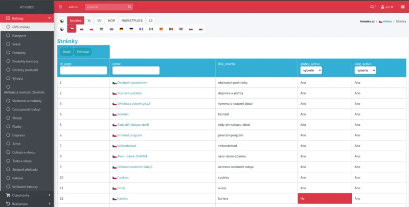 Správa CMS stránek v administraci Amiatex