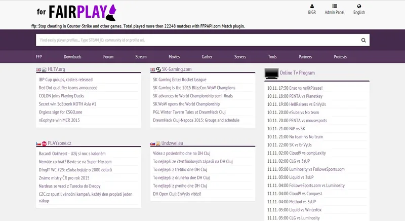 Veřejná část systému forFAIRPLAY s přehledem e-sportovních portálů